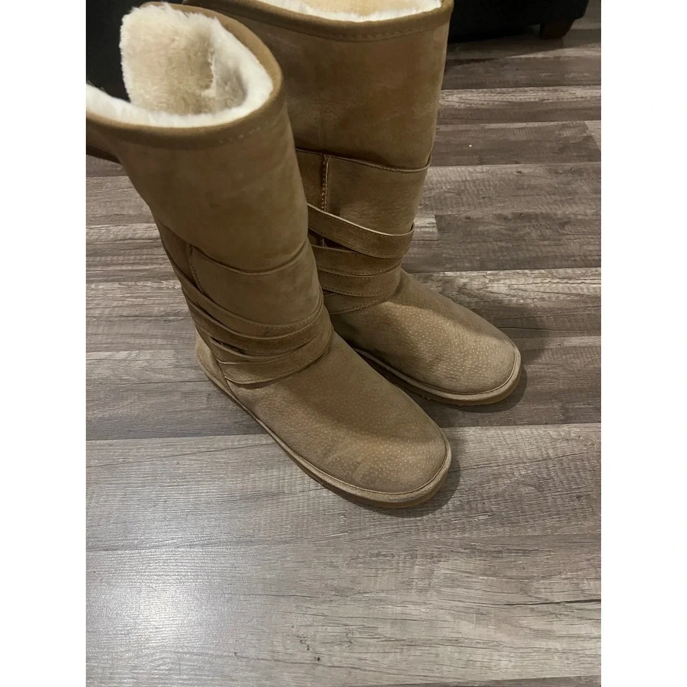 Lamo Women Tan Suede Faux Fur Fold Over Tall Winter Boots Strappy Chestnut